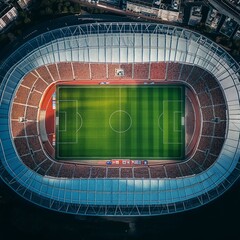 Aerial top down view of a soccer football field stadium