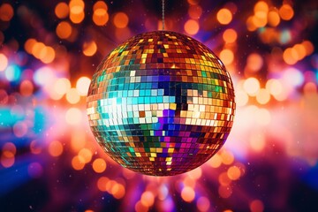 A disco ball is suspended from the ceiling at party, reflecting the lights