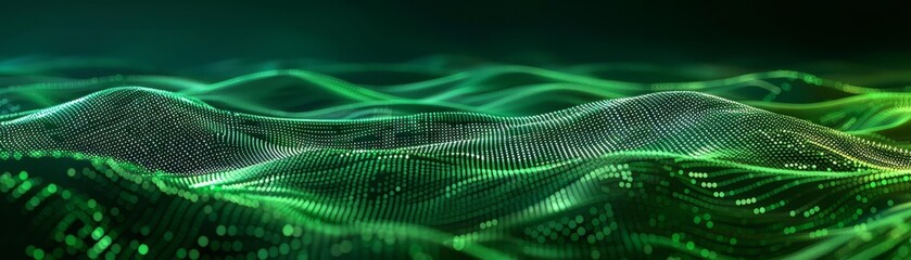 Abstract tech landscape A panoramic view of undulating green lines and dots, crafted to represent a digital landscape or cyber environment