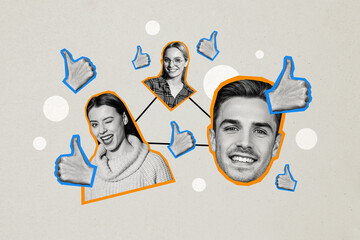 Composite photo collage of happy teamwork girl guy thumb up reaction blogging concept popular...