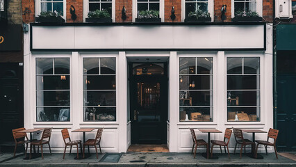 vintage white cafe shop facade with windows, blank signage to put brand logo, mockup, coffee business
