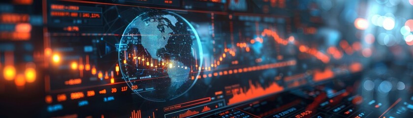 Fototapeta premium Futuristic financial dashboard featuring a 3D globe with market data, illustrating the pulse of the global economy in real time