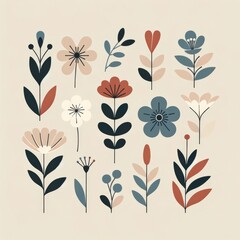 Flower illustration pattern foliage in 2d flat style plain background, minimal style 
