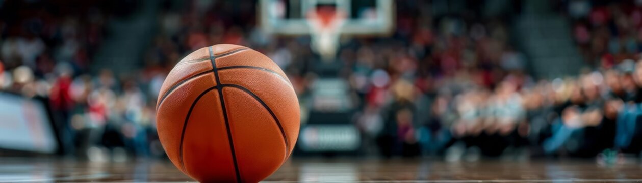 A closeup of a basketball on a shiny wooden floor, with an outoffocus excited crowd in the backdrop, capturing the pregame silence and tension