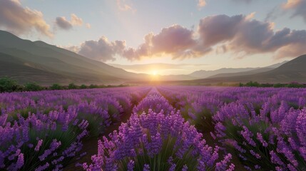 Lavender Fields at Sunset with Mountains in the Background
