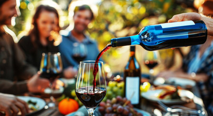 wine bottle pouring red wine into a glass on a table with a group of friends having lunch or dinner