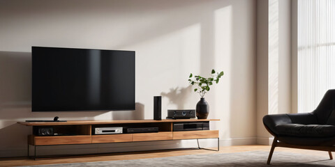 A minimalist living room with a single, sleek TV stand, set against a wall with a subtle, gradient shadow