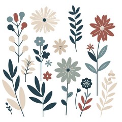 Flower illustration pattern foliage in 2d flat style plain background, minimal style 