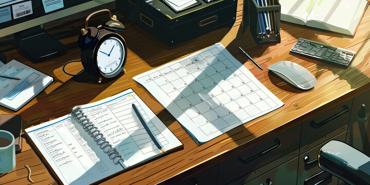 Close-up of a personal assistant's desk with scheduling tools and correspondence, illustrating a job in personal assistance