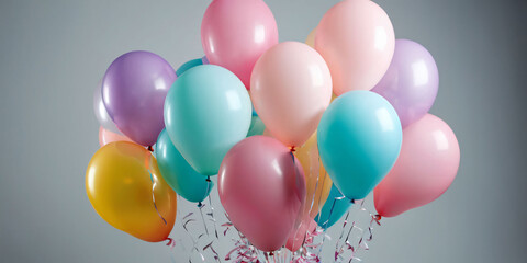 A bouquet of balloons in soft, pastel shades, arranged in a delicate, ombre pattern, against a soft, gray background
