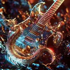 Obraz premium Futuristic Electric Guitar with Dragon Design and Neon Lights-Backgrounds, textures, and symbols. 