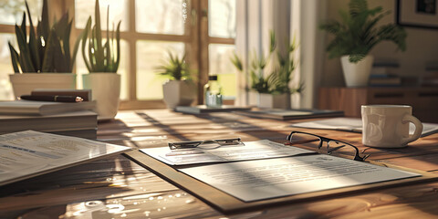 Close-up of a real estate agent's desk with property listings and contracts, illustrating a job in real estate