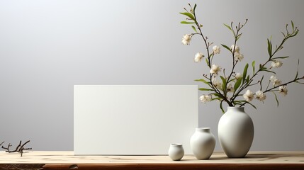 Artistic rendering of a modern stationery setup, showcasing a plain white card with subtle botanical decorations, ideal for branding or promotional materials