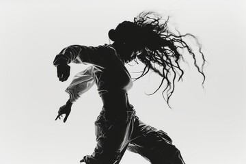 Silhouette of a street dancer with expressive fashion and flowing hair in a high-key lighting setup
