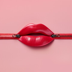 Top view of a red zipper in the shape of lips isolated on a red background.
