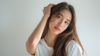 Fototapeta premium Portrait photo of Asian model, white shirt, long golden brown hair, in her early 20s.