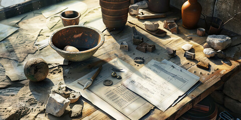 Naklejka premium Close-up of a archaeologist's desk with artifacts and excavation notes, showcasing a job in archaeology