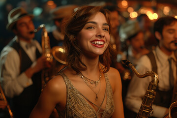 A jazz band playing on stage with men in zoot suits and women in flapper dresses dancing and enjoying the lively atmosphere of a 1920s jazz club.