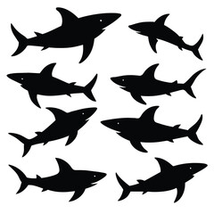 Set of Bronze Whaler Shark animal black silhouettes vector on white background