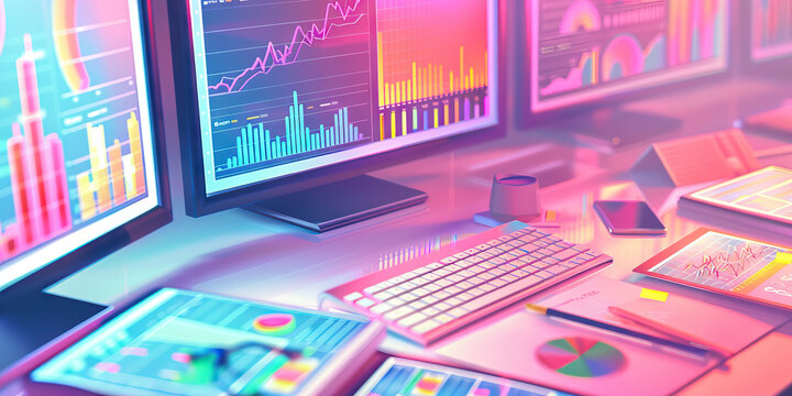 Close-up of a data scientist's desk with data analytics software and datasets, illustrating a job in data science