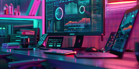 Close-up of a data scientist's desk with data analytics software and datasets, illustrating a job in data science