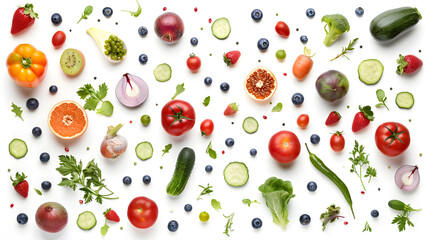 Various vegetables and fruits isolated on white background, top view, flat layout. Concept of healthy eating, food background