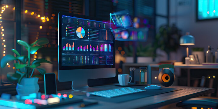 Close-up of a data scientist's desk with data analytics software and datasets, illustrating a job in data science