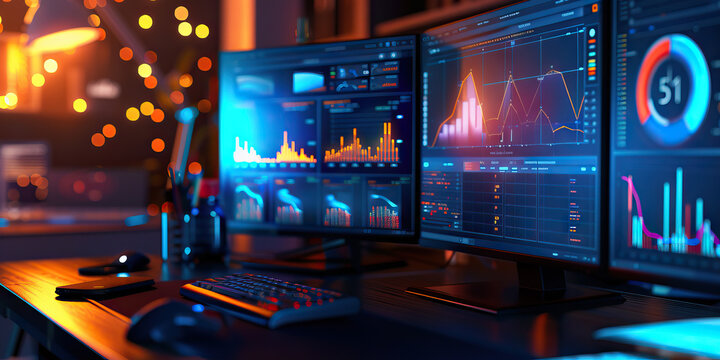 Close-up of a data scientist's desk with data analytics software and datasets, illustrating a job in data science
