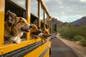 Dogs riding in a yellow school bus sticking their heads out the window while  driving down a road with desert mountain scenery in the background. Fun and whimsical conceptual scene. 