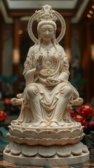 Fototapeta premium Elegant Statue of Guanyin on Lotus Flower in Temple Setting 