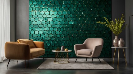 Modern Living Room With Hexagonal Tile Accent Wall and Stylish Furniture During Daytime Generative AI