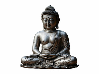 Silver Buddha statue meditating with palms together.