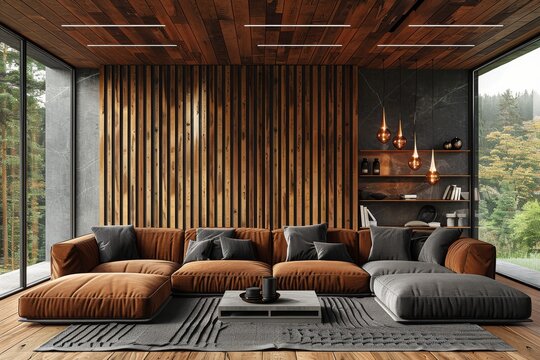 Modern living room with floor to ceiling windows, wooden accents, and plush seating, creating a warm and inviting space