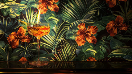 Flaming Cocktail on a Vibrant Tropical Wallpaper Backdrop Lush Exotic Escape
