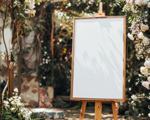 Blank Canvas on Easel Decorated with Floral Arrangement in Outdoor Garden
