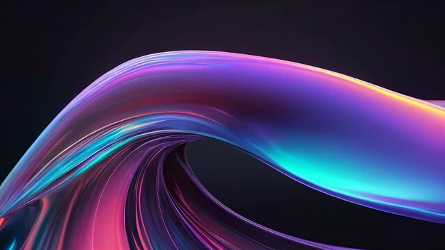 Abstract dark holographic iridescent neon background fluid liquid glass curved wave in motion 3d render. Gradient design element for banners, backgrounds, wallpapers and covers.