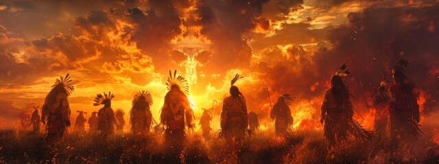 Under the fiery skies of the American Southwest, Native American tribes perform sacred dances, honoring the spirits of their ancestors and the land.
