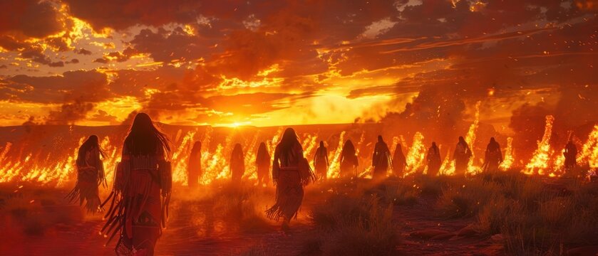 Under the fiery skies of the American Southwest, Native American tribes perform sacred dances, honoring the spirits of their ancestors and the land.