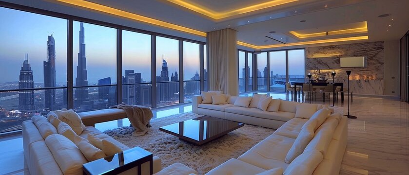 Fototapeta Modern living room interior with floor-to-ceiling windows and stunning city view