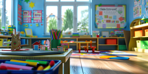 Close-up of a teacher's desk with educational toys and classroom supplies, representing a job in early childhood education
