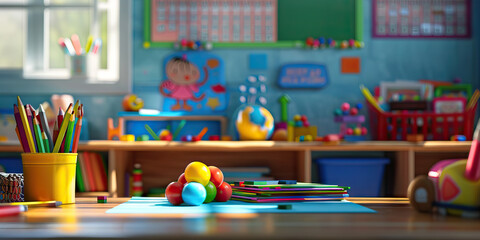 Close-up of a teacher's desk with educational toys and classroom supplies, representing a job in early childhood education