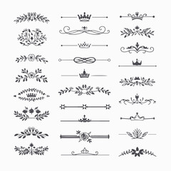 A collection of ornate design elements, primarily in the form of decorative dividers or borders. These designs are symmetrical and feature a mix of floral and crown motifs. They are positioned horizon