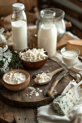Portrait of different types of dairy products on a wooden background