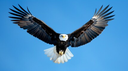 Obraz premium A bald eagle is flying in the sky with its wings spread wide. The eagle is looking down at the ground. The sky is blue and clear.