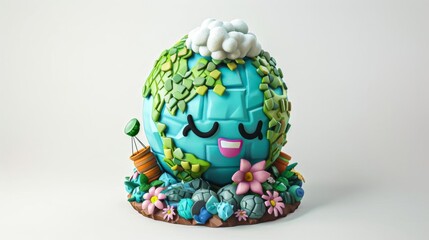 Naklejka premium Cute 3D chibi art, Earth smiling with recycled items, cute and sustainable, intricately designed