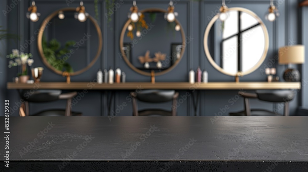 Wall mural black wooden tabletop against the background of a beauty salon. empty countertop mockup for cosmetic