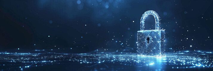 Digital lock made of connected particle mesh, cyber security abstract concept