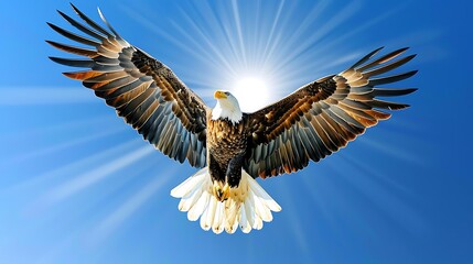 Fototapeta premium The bald eagle soars through the sky on a sunny day.