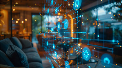 Smart home system depicted by interface icons in contemporary interior