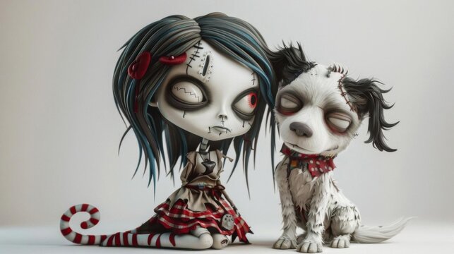Cute 3D chibi art, zombie girl with a loyal dog, spooky and adorable, highly detailed